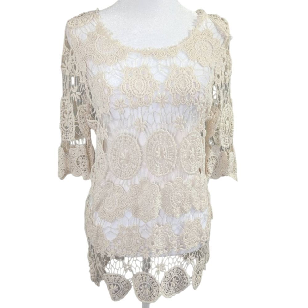 Teenbell Cream Cotton Crochet Knit Sheer 3/4 Sleeve Blouse Top Coverup One Size